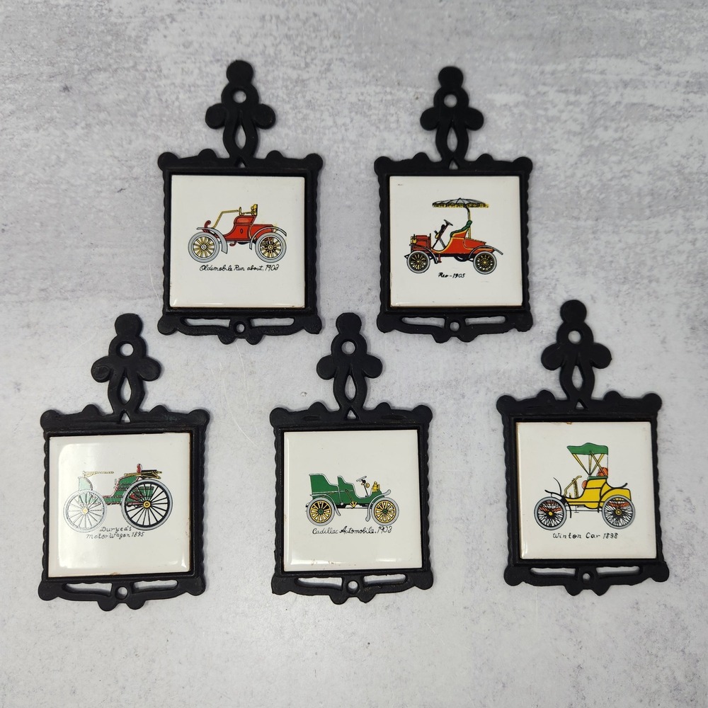 5 Small Cast Iron‎ Ceramic Tile Trivets Antique Cars 6.75" Japan Farmhouse Deco